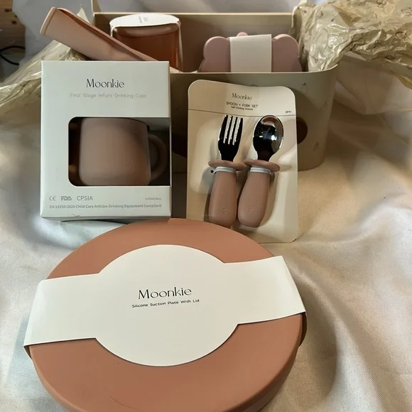 Moonkie First Bites Set.Baby feeding items. Bib/Plate/Utensils/ Cup …. NWT